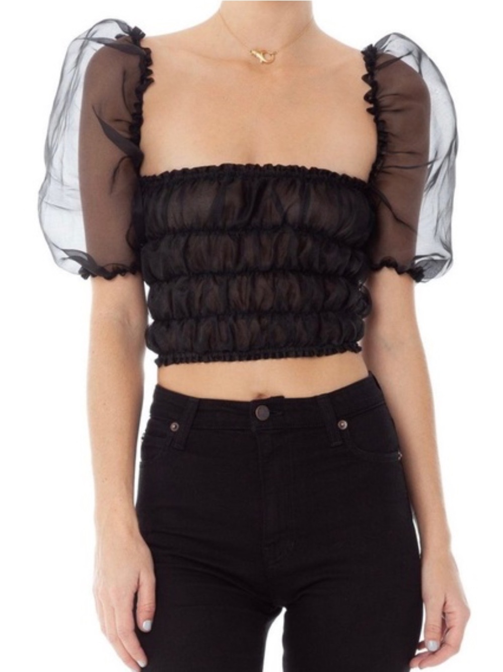 O. Vianca Whimsygoth Fairy Sheer Puff Sleeve Organza Smocked Crop Top size small